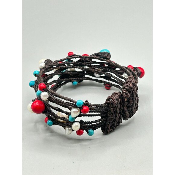 Beaded Wire Cuff Bracelet Genuine Pearls Red & Turquoise Color Beads Multilayer - Picture 4 of 7